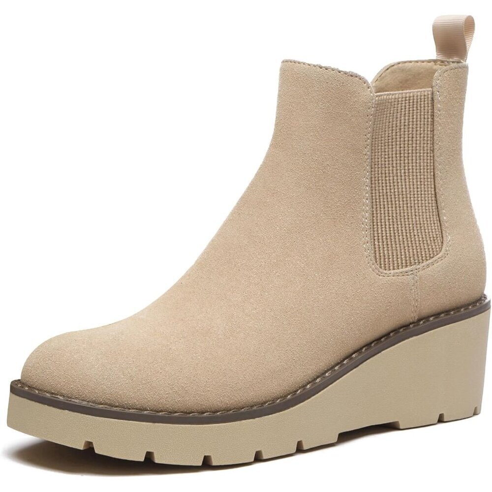 Athlefit Women Nude Chelsea Wedge Platform Slip on Lug Sole Elastic Ankle Boot